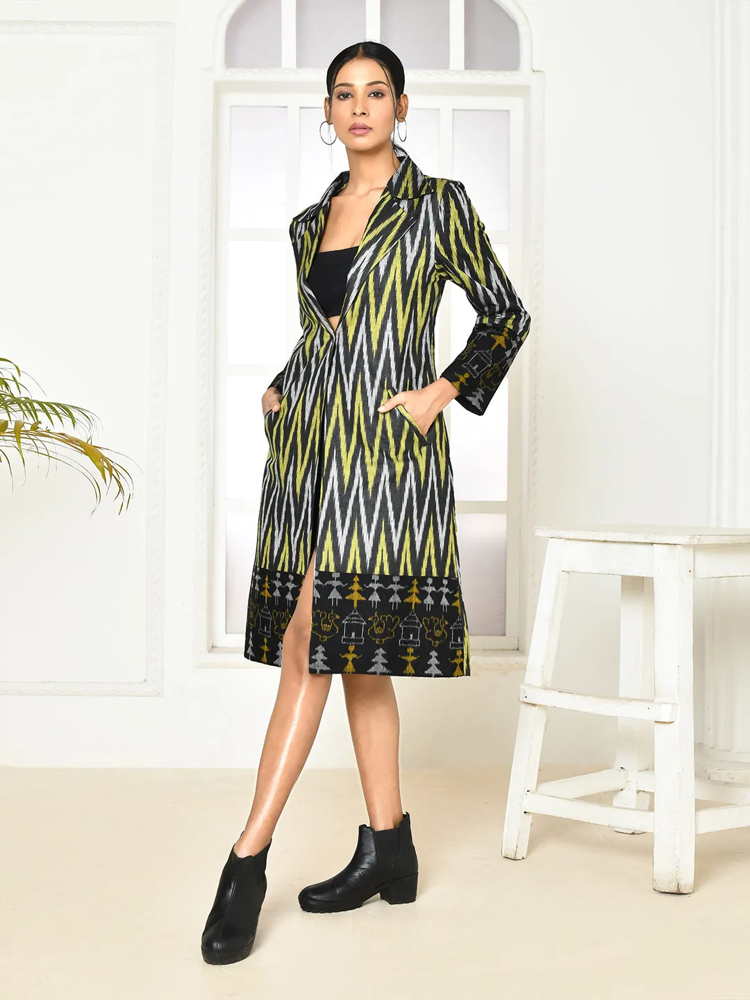 Bia handloom black trench coat for women