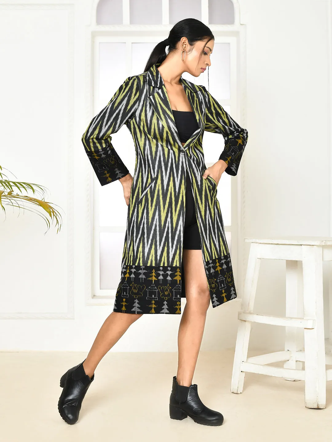 Bia handloom black trench coat for women
