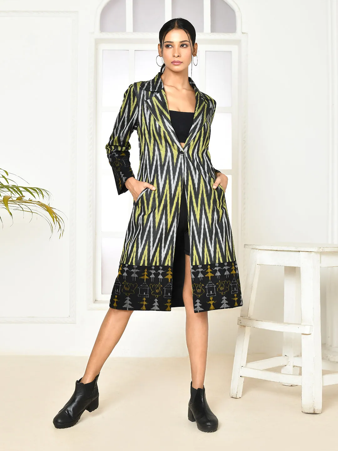 Bia handloom black trench coat for women