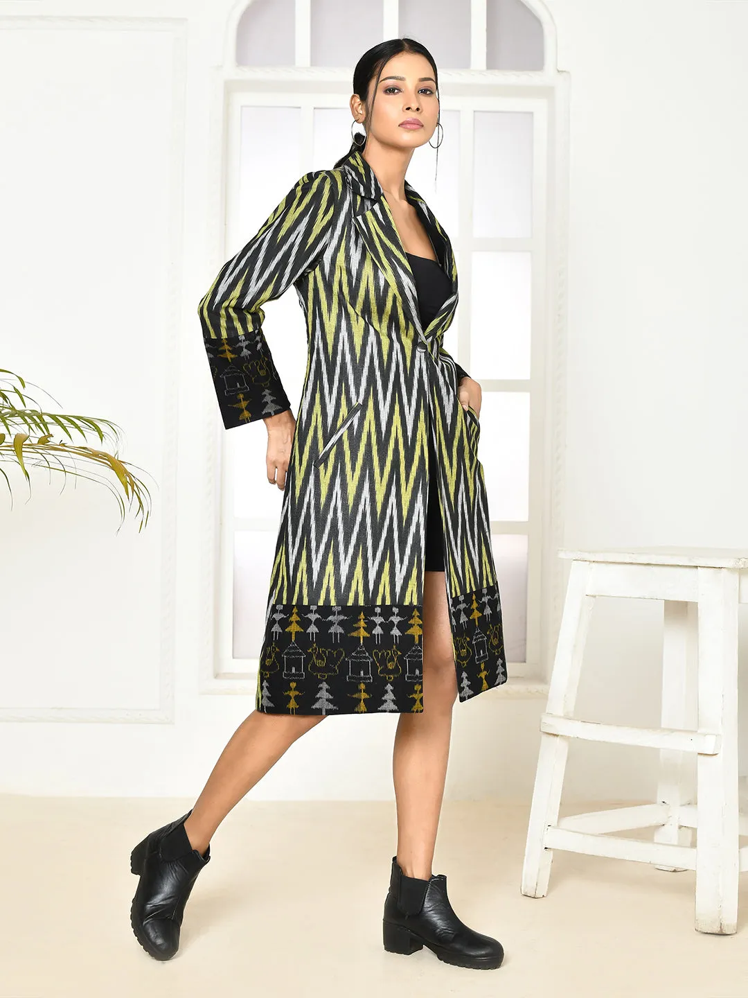Bia handloom black trench coat for women