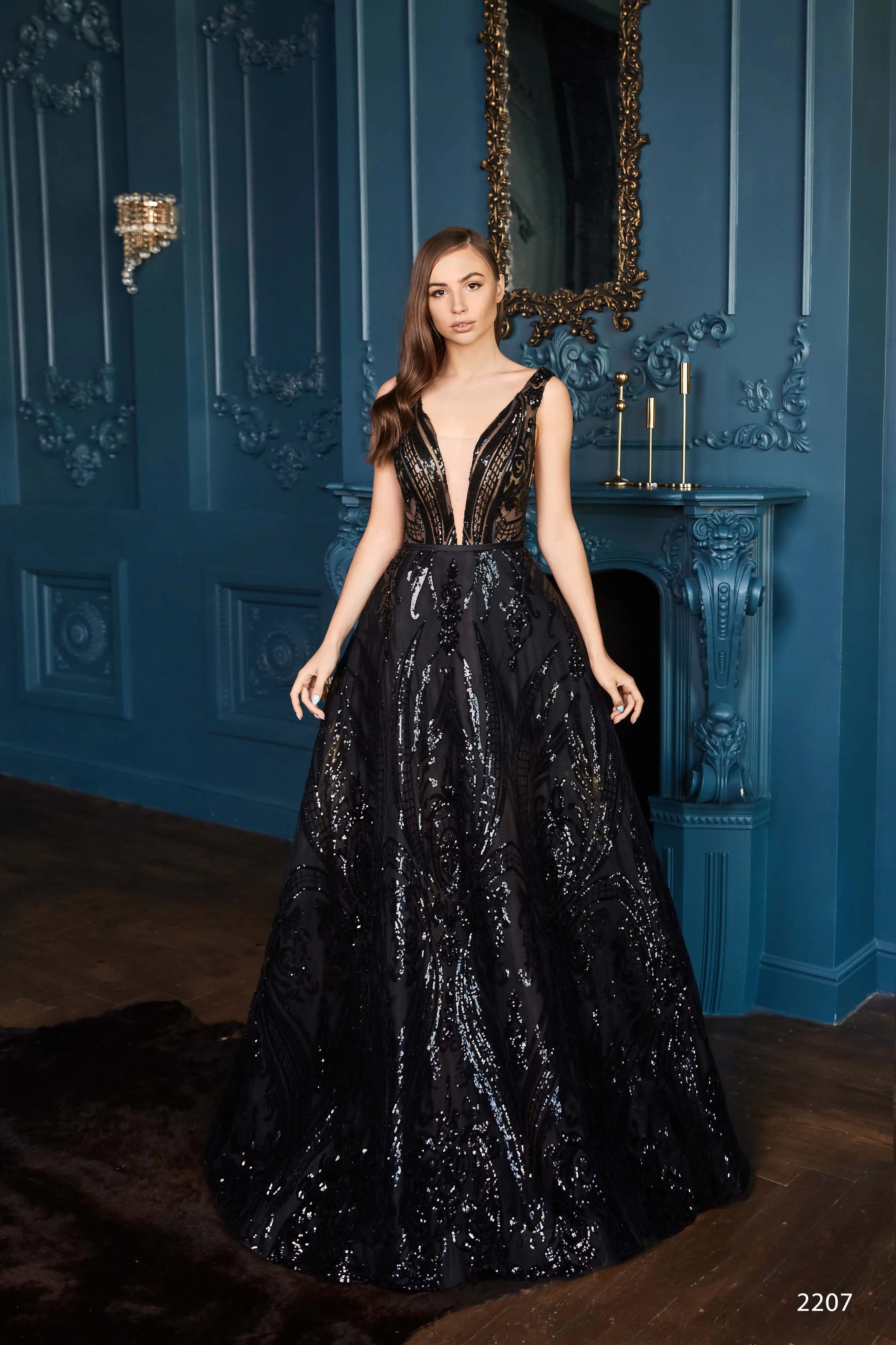 Black Sparkly Dress with Plunging Neckline Cleavage