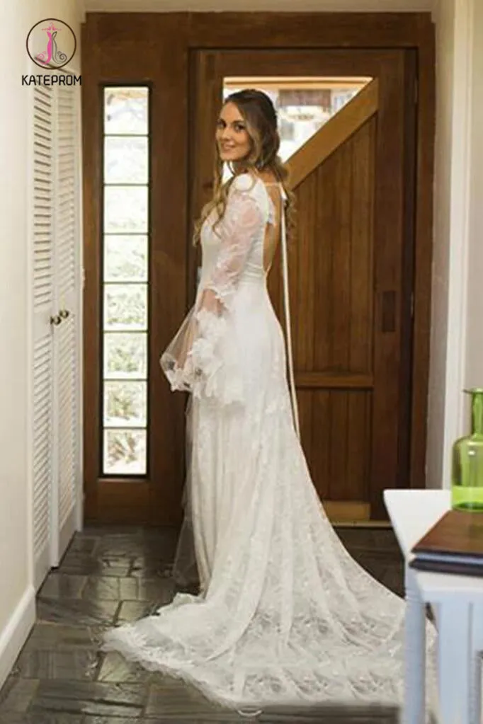 Boho V Neck Beach Wedding Dress with Long Sleeves, Unique Lace Wedding Dresses KPW0394