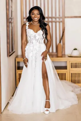 Charming A Line Sweetheart Tulle Long Wedding Dresses with Appliques VK23050901