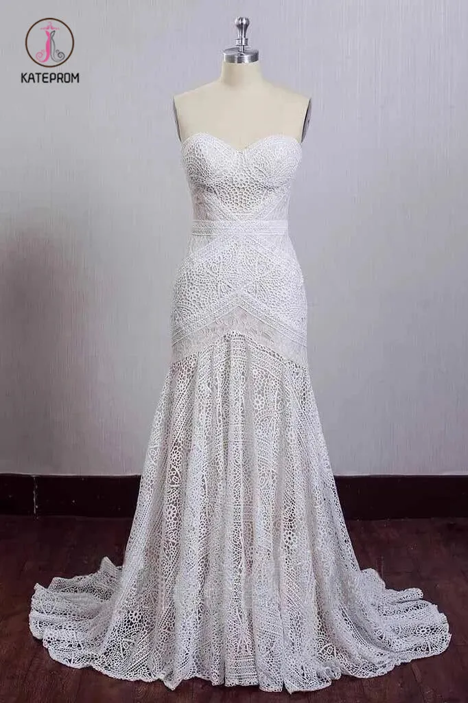 Chic Ivory Lace Mermaid Beach Wedding Dresses Sweetheart Rustic Boho Bridal Dresses KPW0417