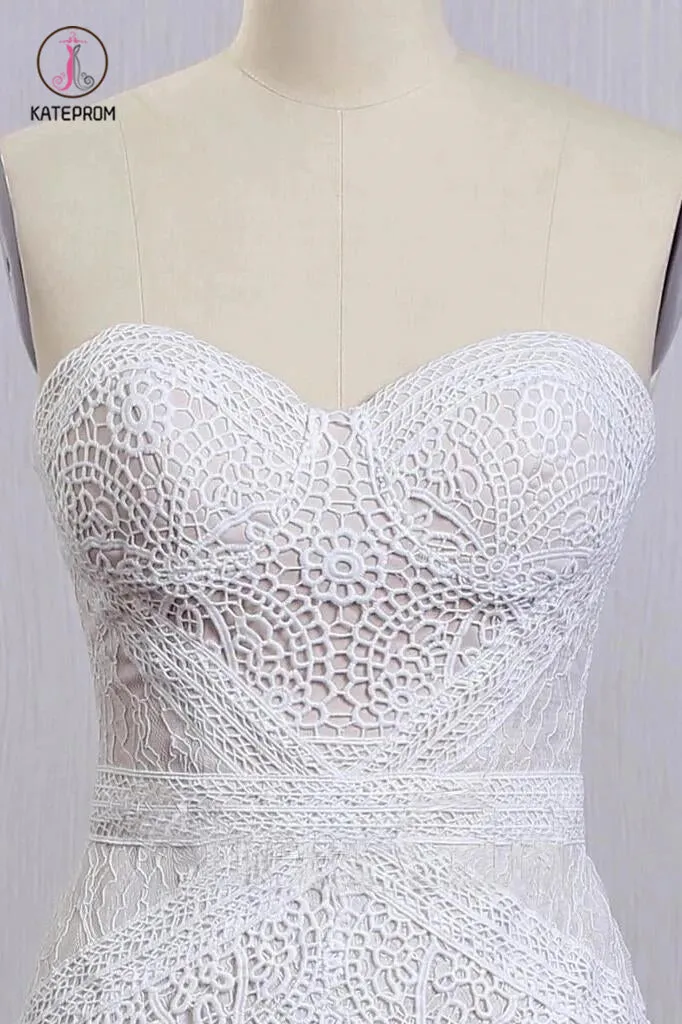 Chic Ivory Lace Mermaid Beach Wedding Dresses Sweetheart Rustic Boho Bridal Dresses KPW0417