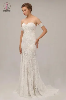 Chic Ivory Lace Mermaid Beach Wedding Dresses Sweetheart Rustic Boho Bridal Dresses KPW0417