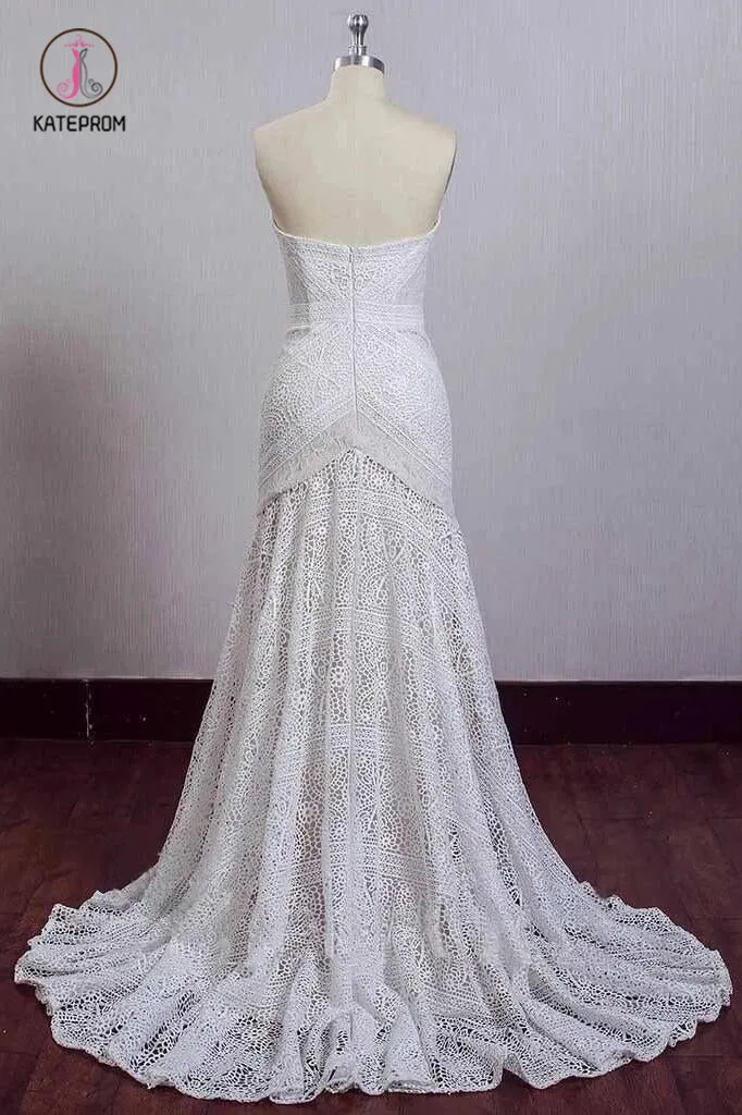 Chic Ivory Lace Mermaid Beach Wedding Dresses Sweetheart Rustic Boho Bridal Dresses KPW0417