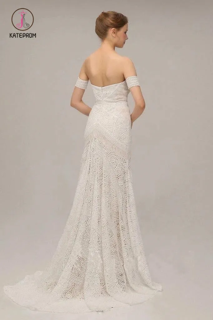 Chic Ivory Lace Mermaid Beach Wedding Dresses Sweetheart Rustic Boho Bridal Dresses KPW0417