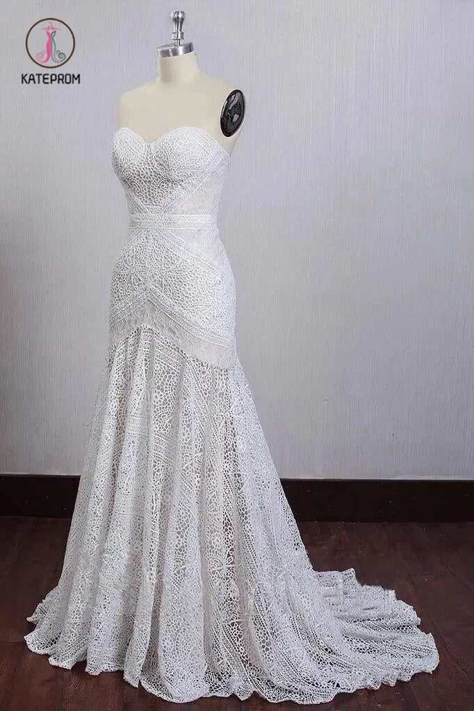 Chic Ivory Lace Mermaid Beach Wedding Dresses Sweetheart Rustic Boho Bridal Dresses KPW0417