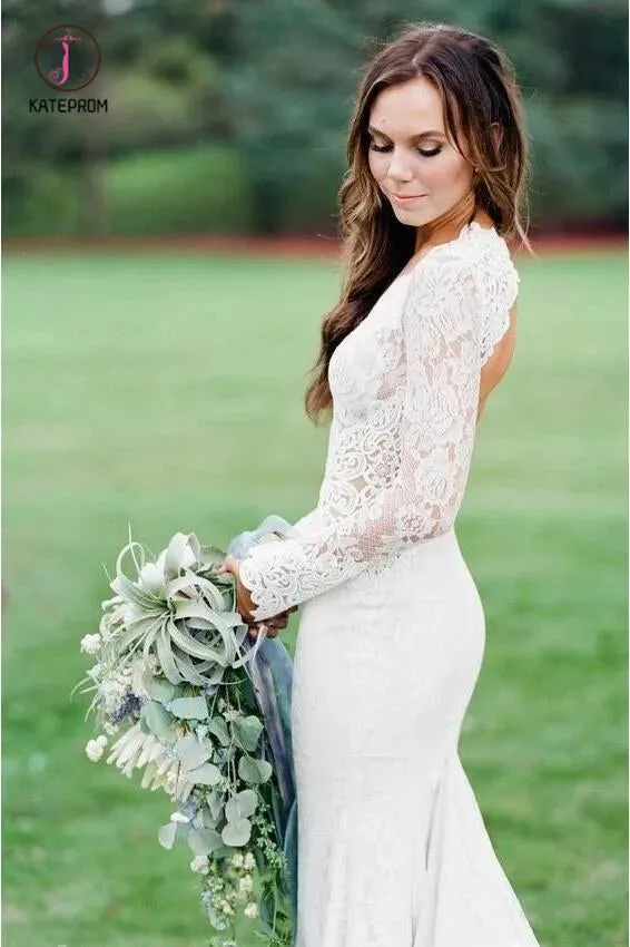 Elegant Mermaid Wedding Dresses Backless Long Sleeve Lace Wedding Gown KPW0421