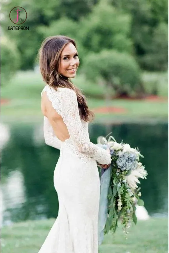Elegant Mermaid Wedding Dresses Backless Long Sleeve Lace Wedding Gown KPW0421