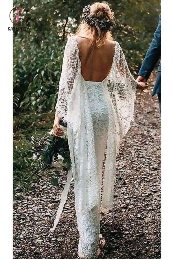 Ivory Boho Wedding Dresses with Batwing Sleeve Lace Rustic Backless Wedding Dresses KPW0410
