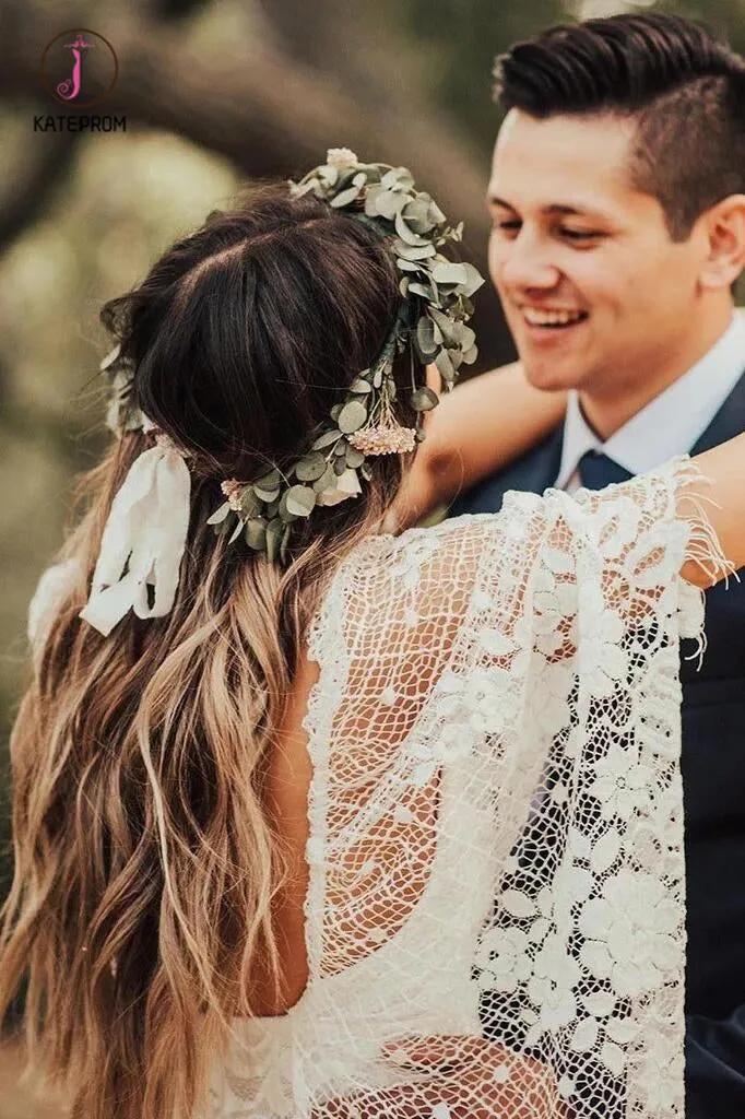 Ivory Boho Wedding Dresses with Batwing Sleeve Lace Rustic Backless Wedding Dresses KPW0410