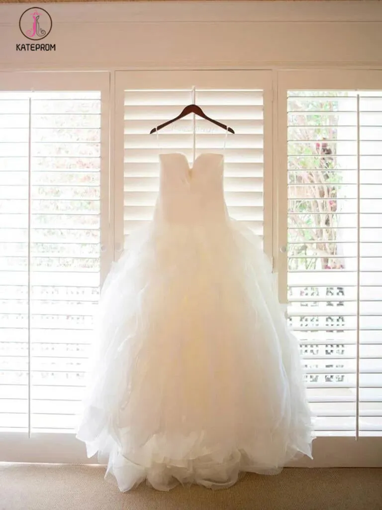 Ivory Sweetheart Long Tulle Wedding Dresses With Ruffles,Beach Wedding Dresses KPW0190