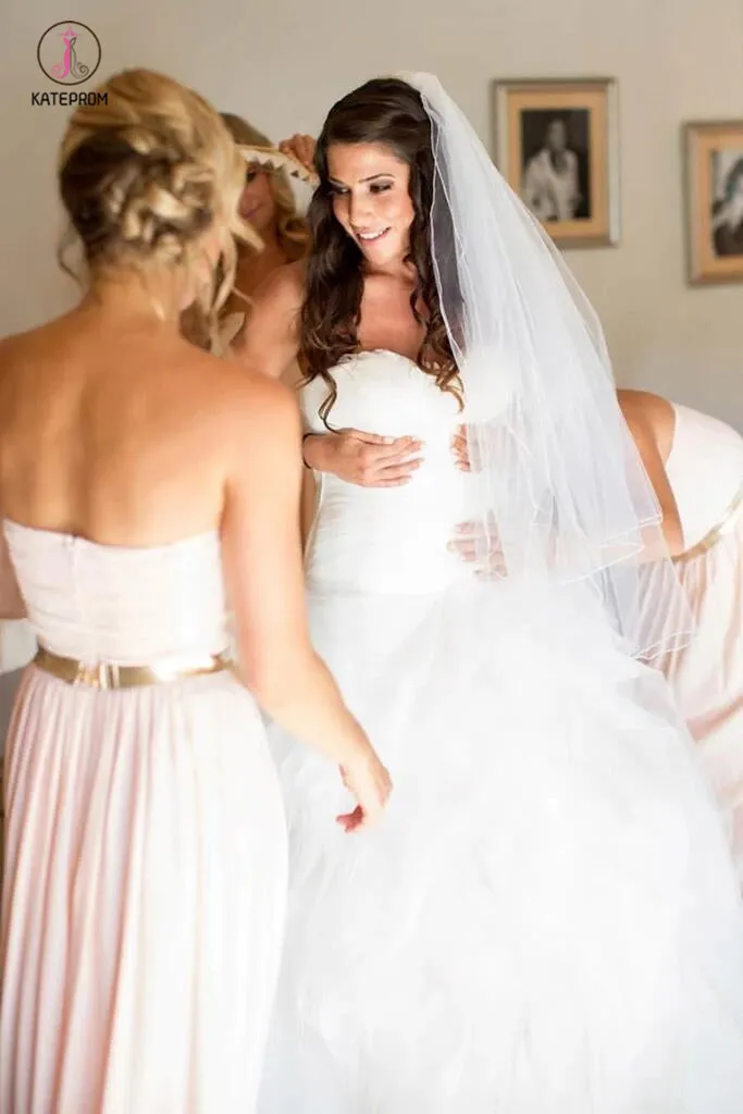 Ivory Sweetheart Long Tulle Wedding Dresses With Ruffles,Beach Wedding Dresses KPW0190
