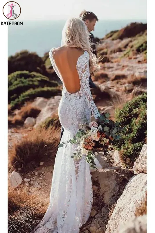 Kateprom 2021 Cheap Long Sleeve Lace Wedding Dress, V Neck Boho Wedding Dresses KPW0596