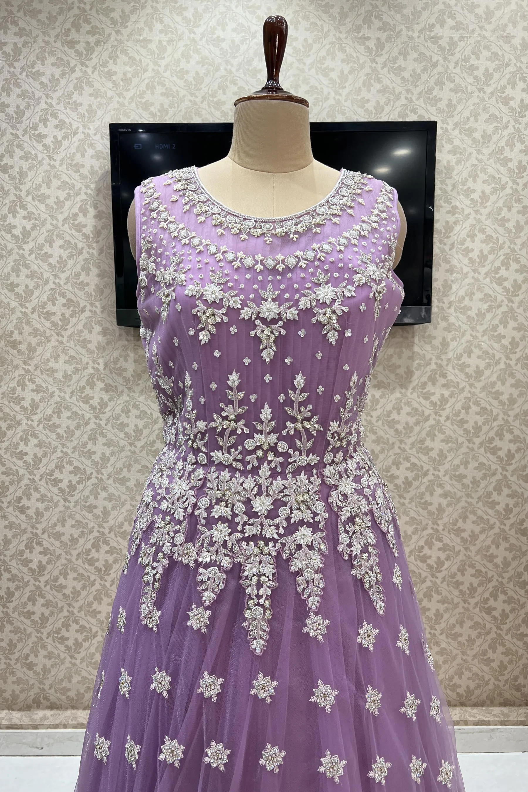Lavender Stone, Beads, Pearl and Sequins work Bridal and Partywear Gown