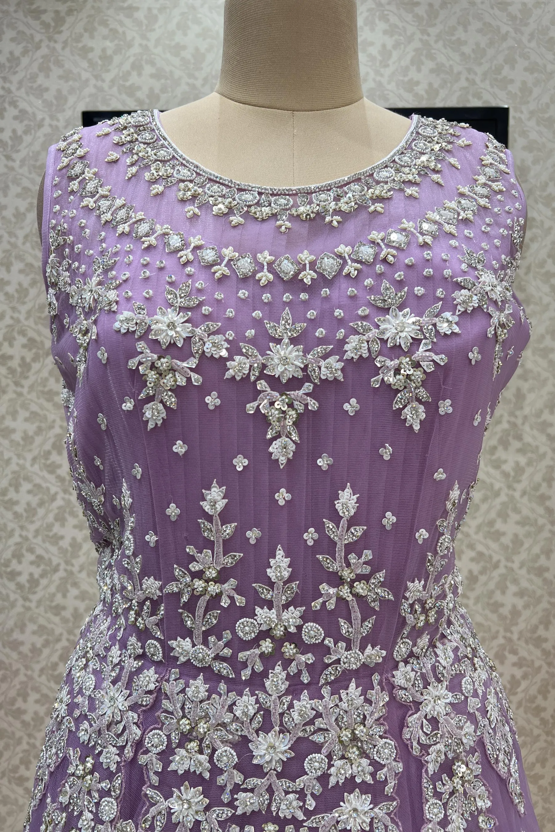 Lavender Stone, Beads, Pearl and Sequins work Bridal and Partywear Gown