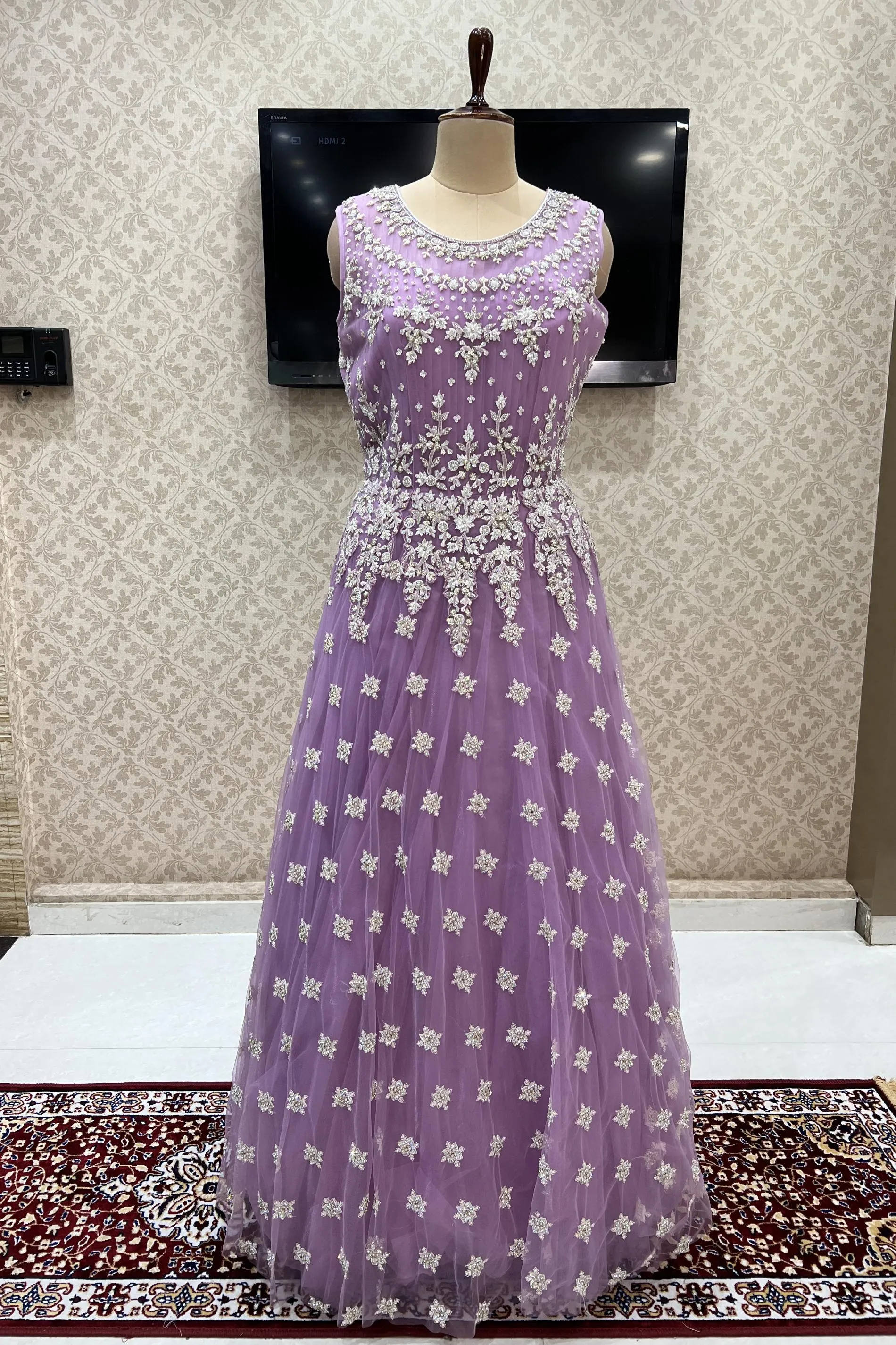 Lavender Stone, Beads, Pearl and Sequins work Bridal and Partywear Gown