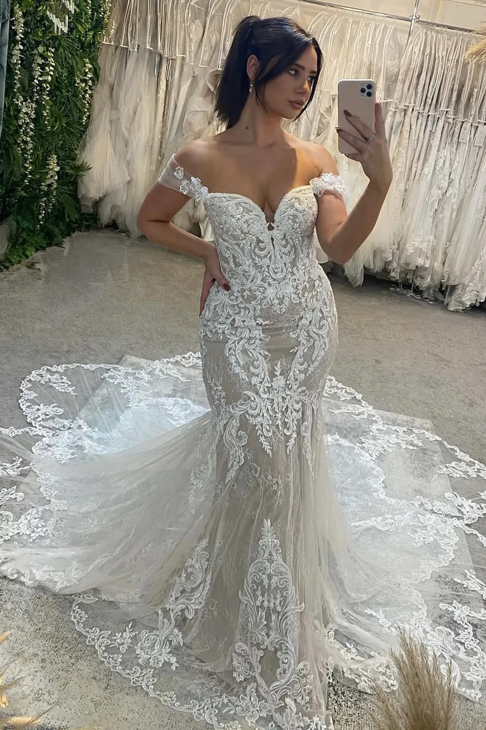 Mermaid Off the Shoulder Lace Wedding Dresses with Train VK23091109