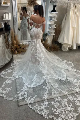 Mermaid Off the Shoulder Lace Wedding Dresses with Train VK23091109