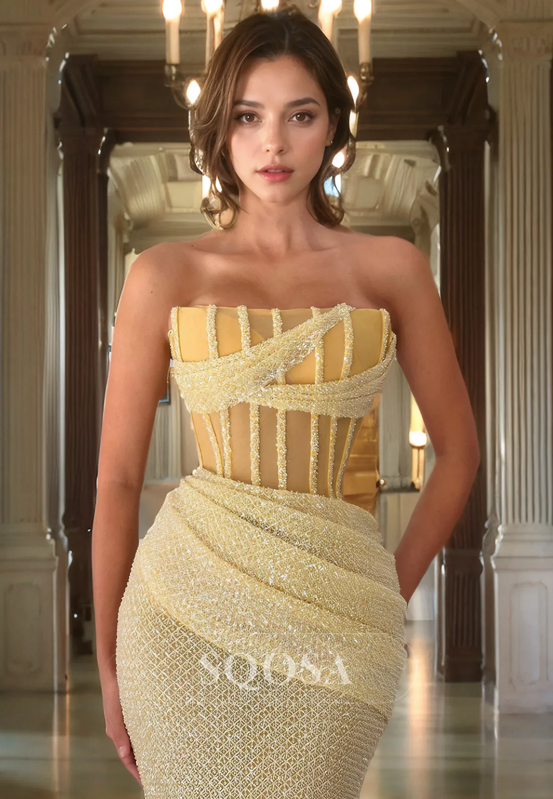 Ornate Sleeveless Tube Top Glitter-Knit Mermaid Formal Evening Prom Dress Floor Length Party Gown