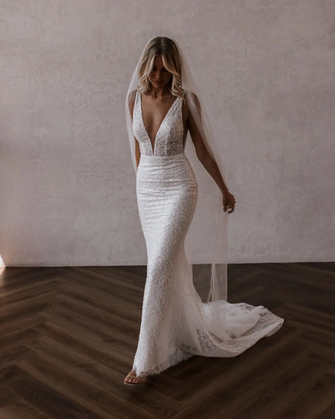 Sparkly Mermaid V Neck Sequins Lace Long Wedding Dresses VK23052103