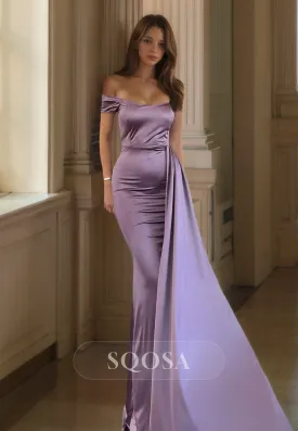 Tube Top Sleeveless Pleated Satin Party Gowns Off-Shoulder Sweep Train Mermaid Prom Dress