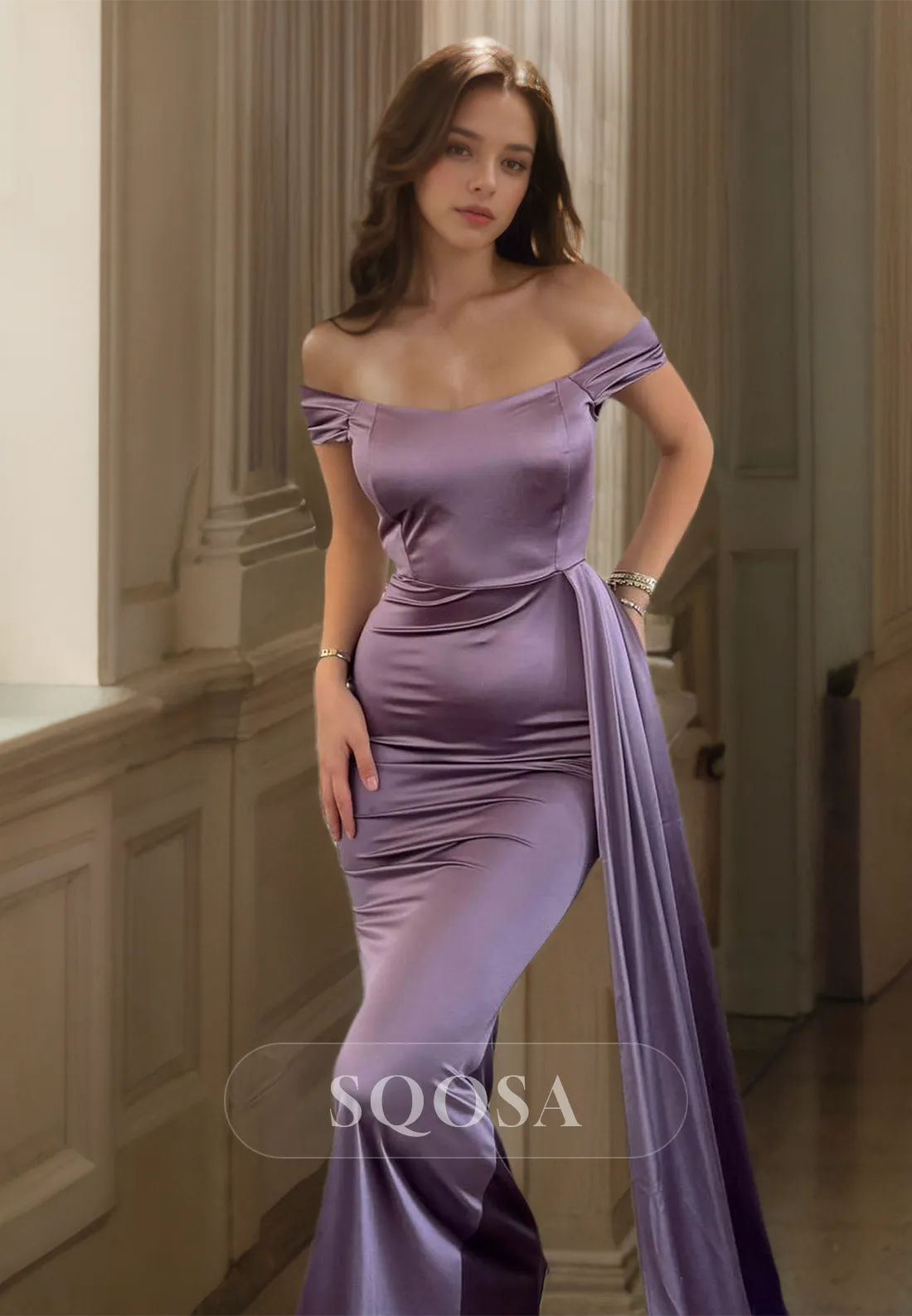 Tube Top Sleeveless Pleated Satin Party Gowns Off-Shoulder Sweep Train Mermaid Prom Dress